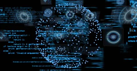 Rendering digital sphere forming in virtual interface, with Java and Python code Stock Photos