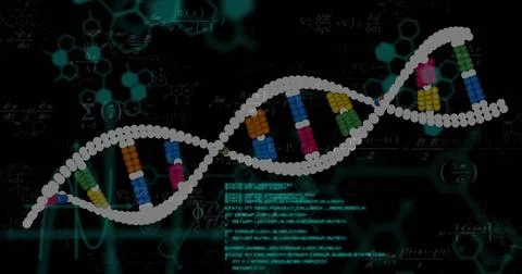 Rendering DNA double helix undulating in lab interface, with chemical diagram Illustrazione stock