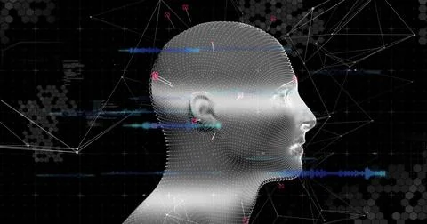 Rendering dotted mesh 3D head model facing right in grid, showing blue waveforms Stock Photos
