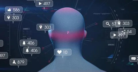 Rendering dotted-mesh avatar skull glowing in cyberspace, with floating 스톡 일러스트