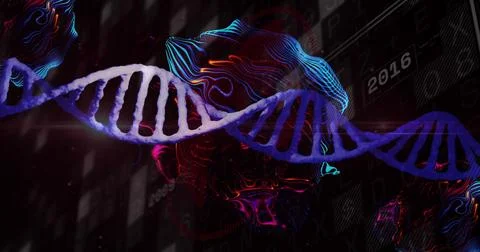 Rendering double helix DNA strand spanning digital data scene, showing neon 스톡 일러스트