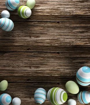 Rendering of Easter eggs on wooden background Stock Illustration