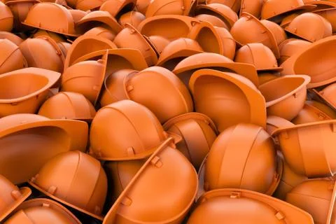 Rendering endless pile of orange plastic work helmet's Stock Illustration