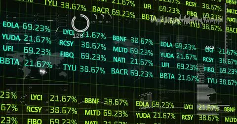 Rendering financial dashboard interface at market data terminal, with data grid, イラスト素材