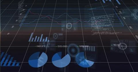 Rendering foreground data visuals on tilted 3D grid, showing three blue pie Stock Photos
