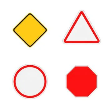 Rendering of four close-up blank road signs isolated on white background Stock Illustration
