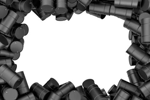 Rendering frame of black oil barrels situated around white background Stock Illustration