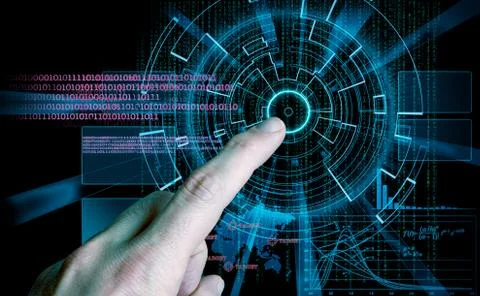 Rendering of a futuristic cyber background target and finger indicating Stock Illustration