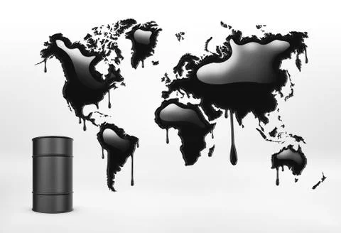 Rendering of geographical mapcolored in black and oil barrel on the white Stock Illustration