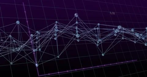 Rendering glossy spherical nodes and thin links on grid plane, showing magent Stock Illustration