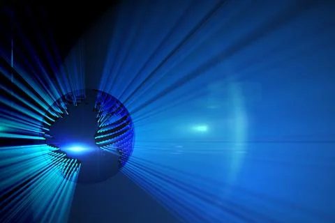 Rendering glowing blue globe emitting radiant light rays against dark-bright Ilustración de archivo