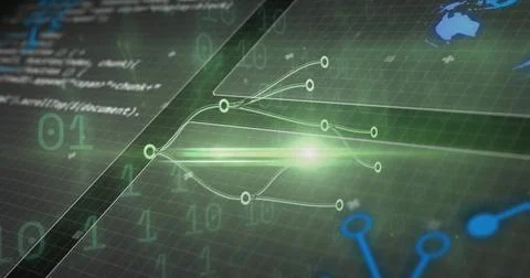 Rendering glowing central node with branching lines on virtual green grid, イラスト素材