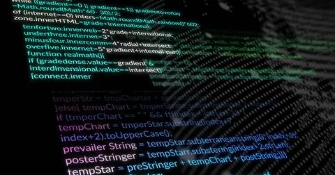 Rendering glowing code layers green and blue receding into dark virtual space, Stockfoto's