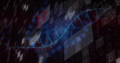 Rendering glowing DNA helix rotating in data visualization environment, with Illustrazione stock