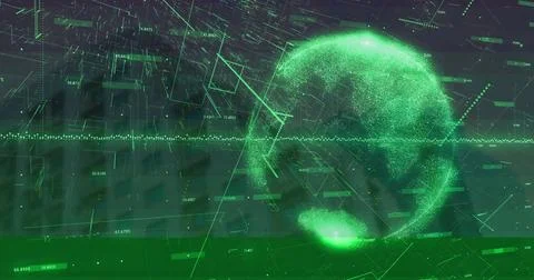 Rendering glowing green digital globe floating amid faint grid lines with data Illustrazione stock