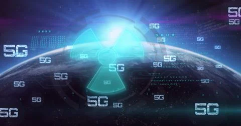 Rendering glowing hazard sign in orbit above Earth, showing floating 5G Ilustración de archivo