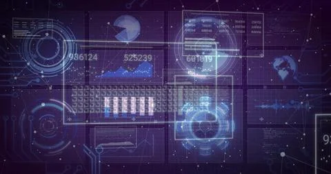Rendering glowing HUD panels streaming numeric data and charts over dark grid, Stock Illustration