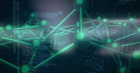 Rendering glowing network occupying center in virtual scene, with green nodes, Illustrazione stock
