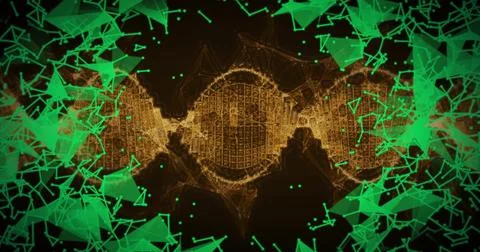 Rendering gold wireframe core, mirrored arms in 3D, showing green mesh, glowing Stock Photos