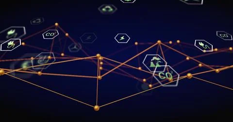 Rendering golden nodes forming glowing lines on dark gradient, showing hex CO2 Stock Illustration