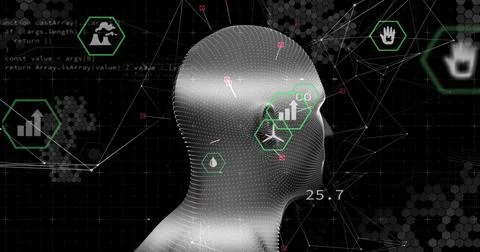 Rendering gray dotted mesh head and wireframe in dashboard showing green hex Stockillustratie