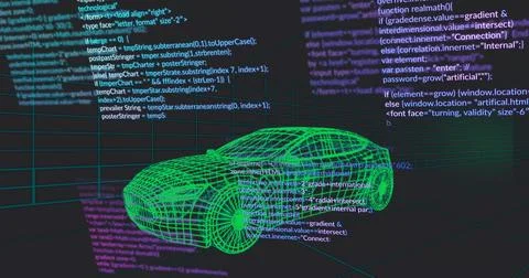 Rendering green wireframe car model hovering over grid plane in virtual 스톡 일러스트