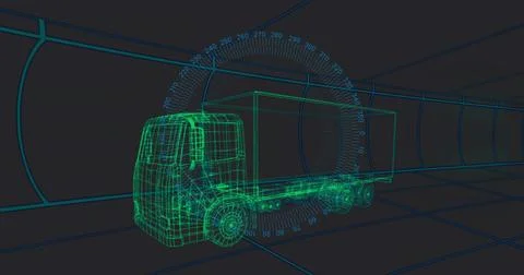 Rendering green wireframe truck and trailer centering in virtual tunnel, with Stock Illustration