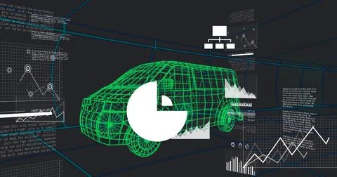 Rendering green wireframe van occupying center in 3D workspace with pie-chart 库存插图
