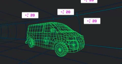 Rendering green wireframe van rotating in virtual tunnel viewport, with teal  Stock Illustration