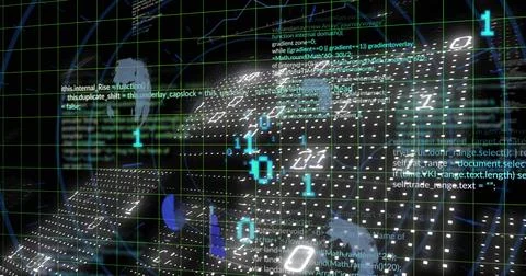 Rendering grid lines shifting in data matrix, with binary digits, code snippets Stock Illustration