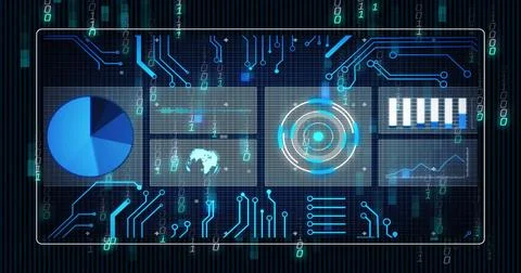 Rendering grid showing pie chart, world map, radar, bar, line charts, circuit Stockfoto's