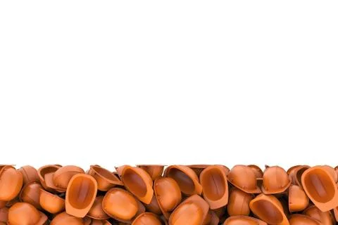 Rendering heap of orange builder helmets on white background Stock Illustration
