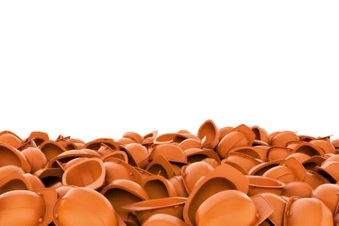 Rendering heap of orange building helmets isolated on the white background Stock Illustration