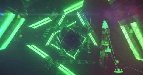Rendering hexagonal tunnel glowing with green bars in data tunnel, showing Stock Illustration