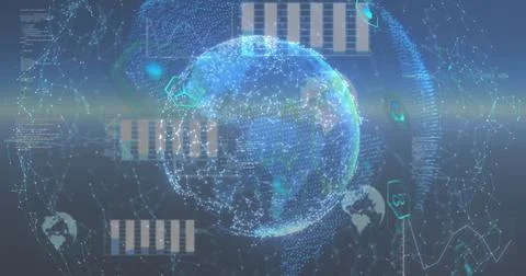 Rendering holographic globe rotating inside digital interface, with bar charts, Stock Photos