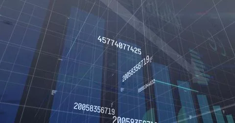 Rendering holographic numeric data figures and wireframe grid in 3D interface, 写真素材