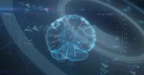 Rendering holographic wireframe brain in 3D console UI showing pink nodes, Illustrazione stock