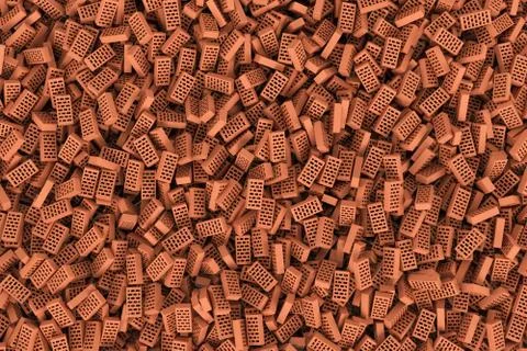Rendering huge amount of red face bricks lying together in disorder, top view Stock-Illustration