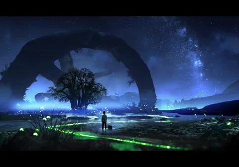 Rendering illustration of a man standing on a bright pathway to a magical tre Stock Illustration