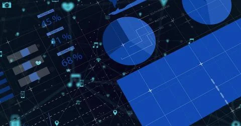 Rendering interface in dark grid, showing blue charts, blue block, 45%, 1%, 68% Foto stock