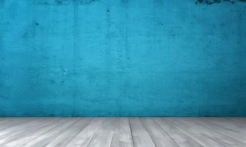 Rendering of interior with blue concrete wall and wooden floor Stock Illustration