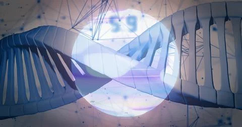 Rendering large 3D DNA helix spanning abstract digital view with translucent orb Stock Illustration