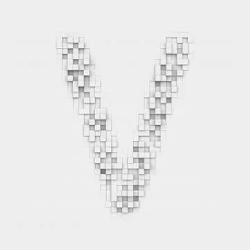 Rendering large letter V made up of white square uneven tiles Stock Illustration