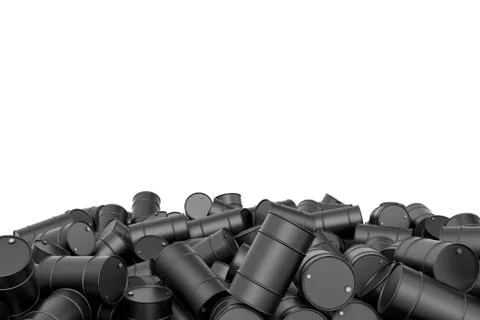 Rendering large pile of black oil barrels isolated on white background Ilustración de archivo