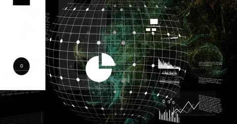 Rendering large wireframe globe with teal particle clouds, pie-chart node Stock Photos