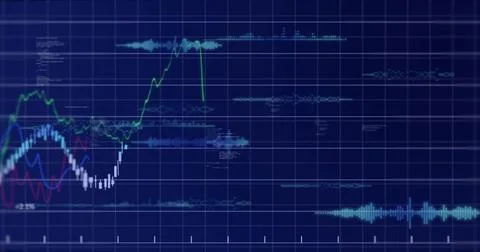 Rendering layered data display on navy grid showing candlesticks green blue red Stock Photos