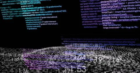 Rendering layered data field forming 3D landscape, with code columns, pixel Stock-Fotos
