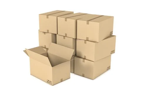 Rendering of light beige mail cardboard boxes put together and one opened box Stock Illustration