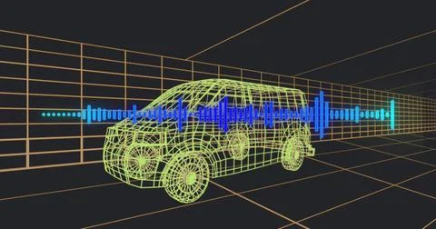 Rendering lime-green wireframe SUV moving through orange grid chamber, blue Stock Illustration