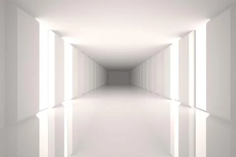 Rendering long minimalist corridor in 3D design, highlighting glossy floor and Stock Illustration